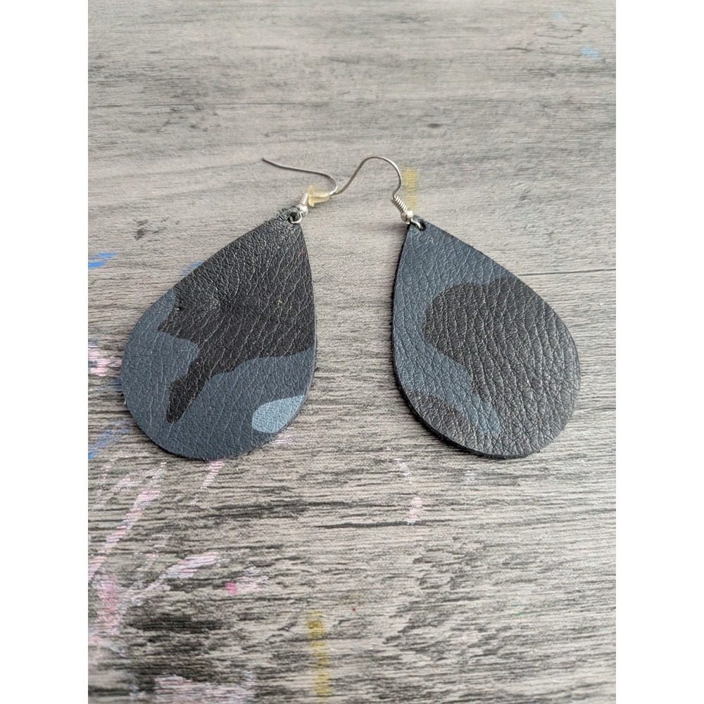 Blue Camo Leather Teardrop Earrings Silver Tone Fishhook Lightweight Statement